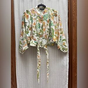 RACHEL Rachel Roy White Floral Tie-Front Linen blend Blouse